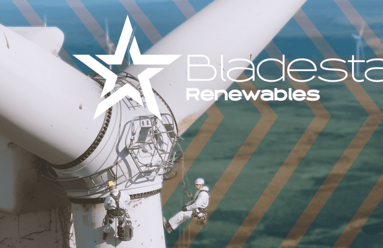 Technicians performing rope access composite blade repair on a wind turbine with Bladestar Renewables branding overlay — representing one of the UK's leading blade repair companies.