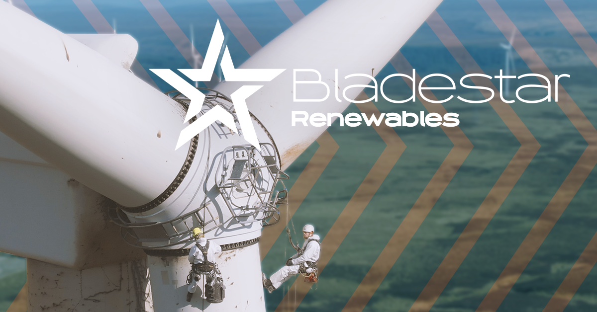 Technicians performing rope access composite blade repair on a wind turbine with Bladestar Renewables branding overlay — representing one of the UK's leading blade repair companies.